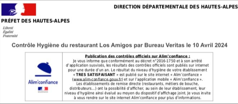 Certificat d'Hygiène Los Amigos